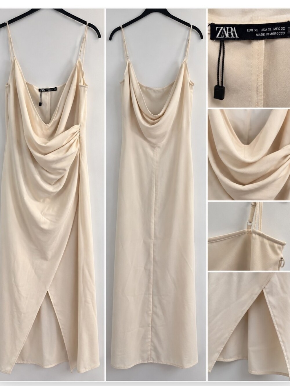 ZARA Cream Ivory Draped Cowl Neck Maxi Dress Chain Rhinestone Straps XL